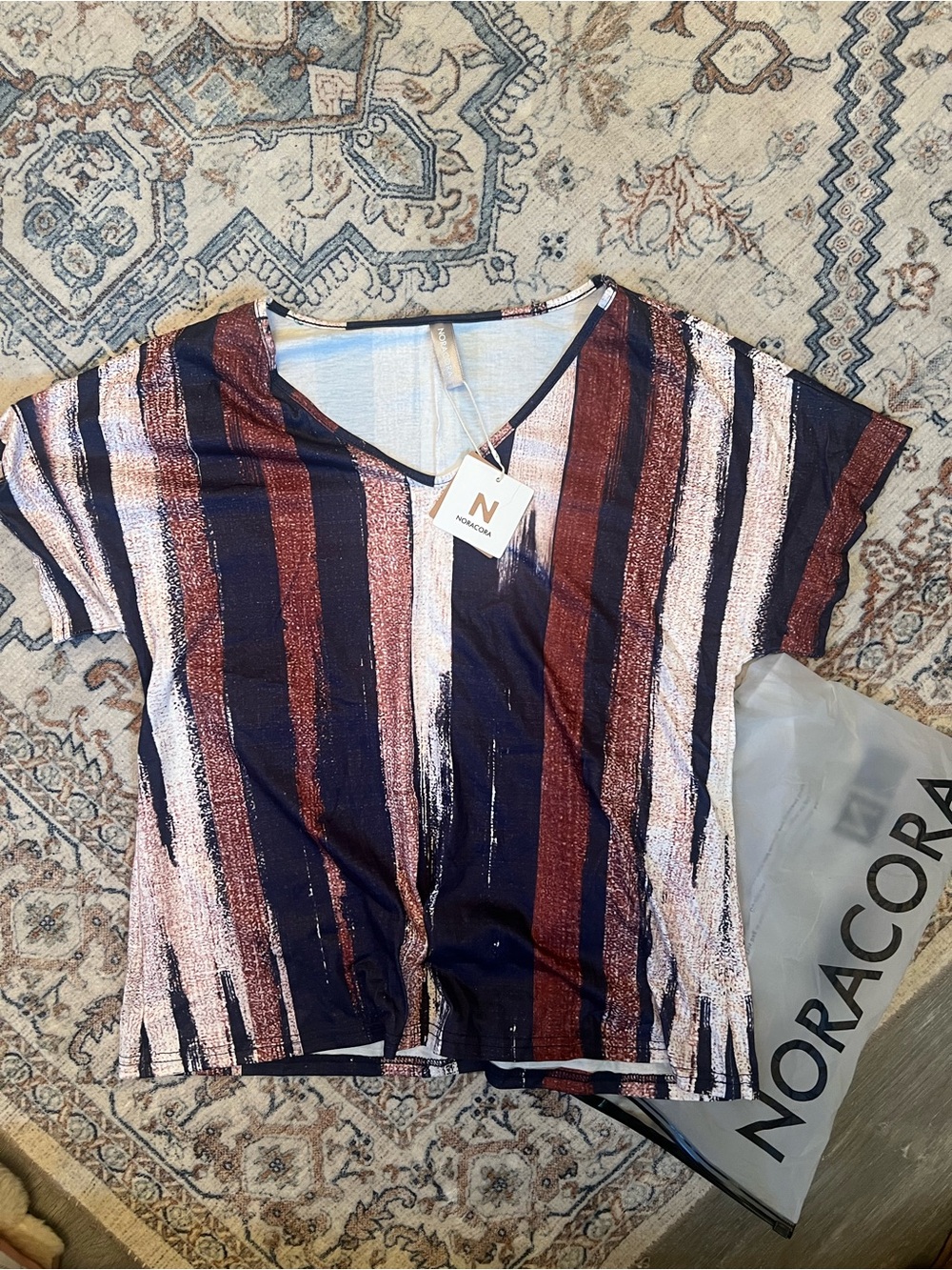 Striped V-Neck Top in Navy and Rust